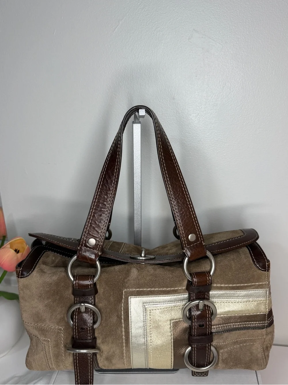 Vintage Coach Rare Suede Patchwork Leather Satchel Y2K Shoulder Bag Brown